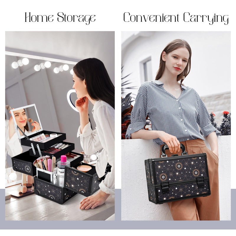 Joligrace 11.8 inch Makeup Train Case Cosmetic Organizer Box Lockable with 3 Trays and a Brush Holder Pattern Collection - Star Chart - Image 2